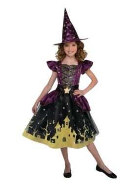 Girls Purple and Black Witch Costume with Gold Castle Accent